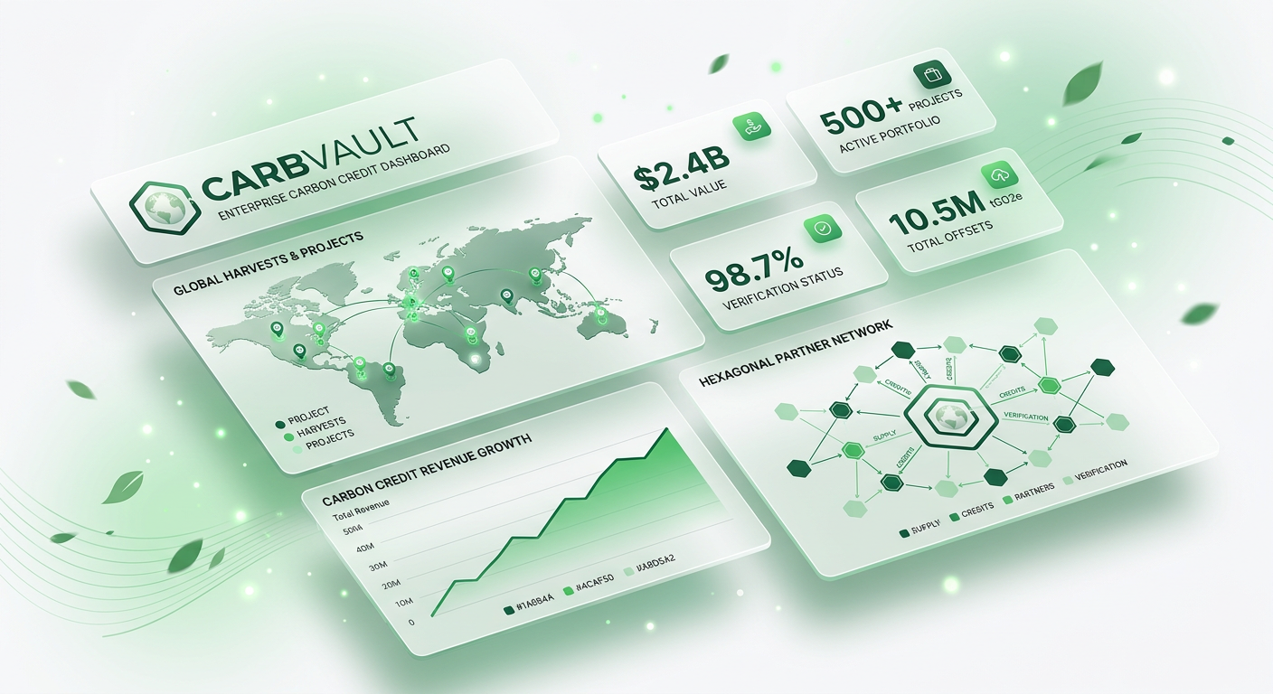 CarbVault dashboard showing carbon credit portfolio, verification scores, and global project map